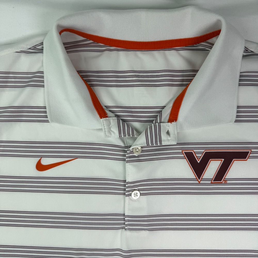 Nike Virginia Tech Hokies Dri-FIT Polo Shirt Mens White Maroon Striped VT Logo L